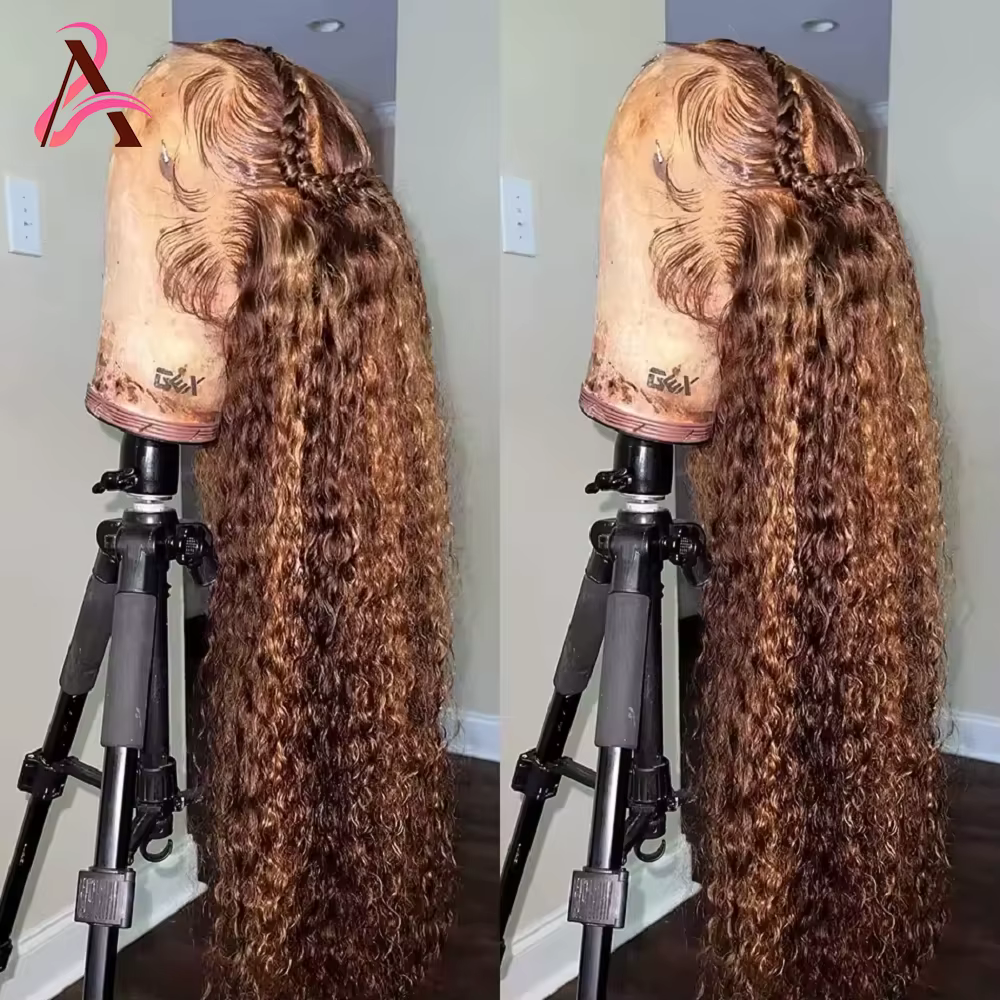 36 pouces mettre en évidence miel blond crépus bouclés perruques cheveux humains 13x6 HD vague profo