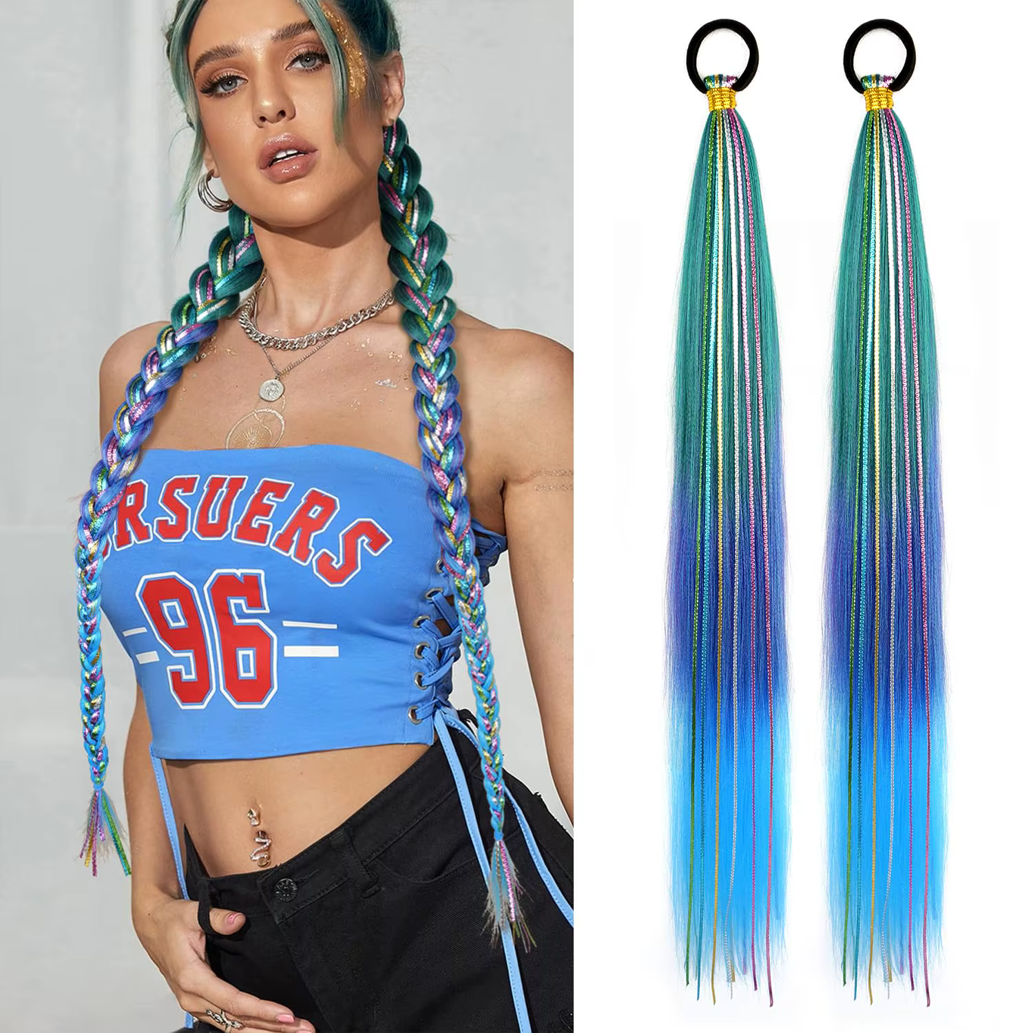 26 pouces cheveux Tinsel couleur tressé queue de cheval Extension 1/2 Pack bleu rose dégradé Extensi