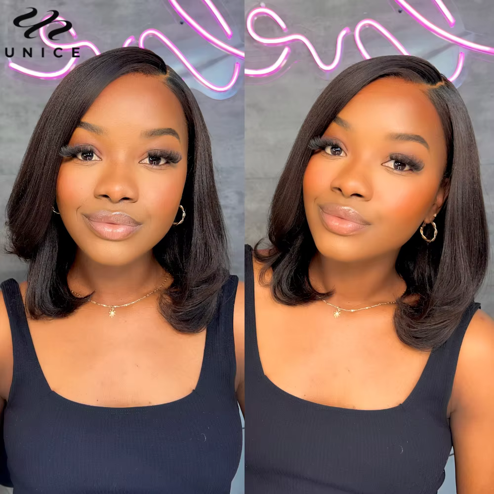 UNice Hair 7x5 & 13x4 dentelle Yaki droite cheveux humains Bob perruque avec cordon pré coupé pré bl