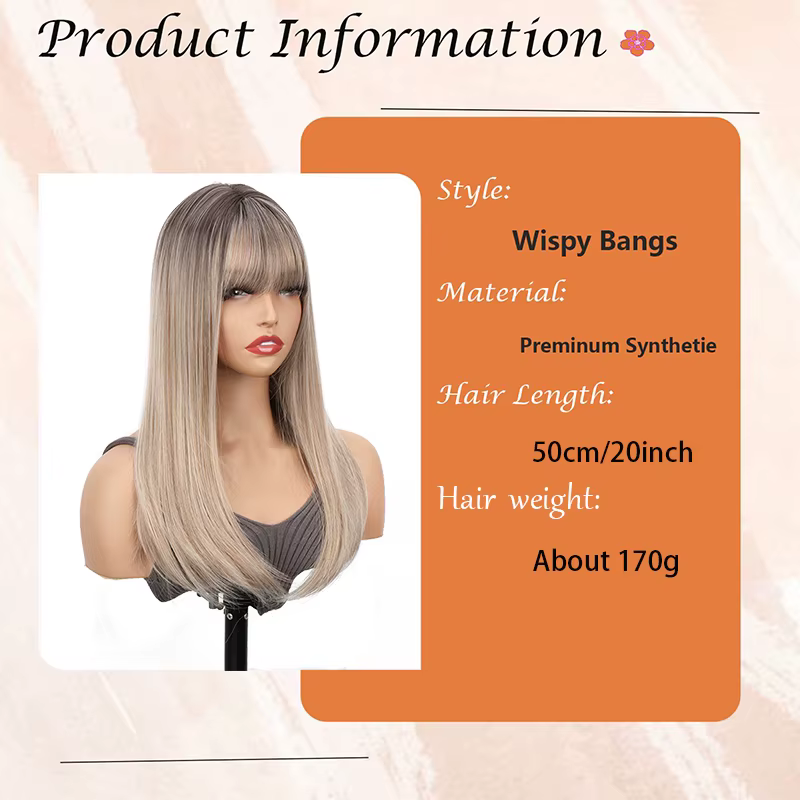 Topper pour cheveux pour femme avec frange : 3D 360 ° Morceau de cheveux synthétiques longs et lis
