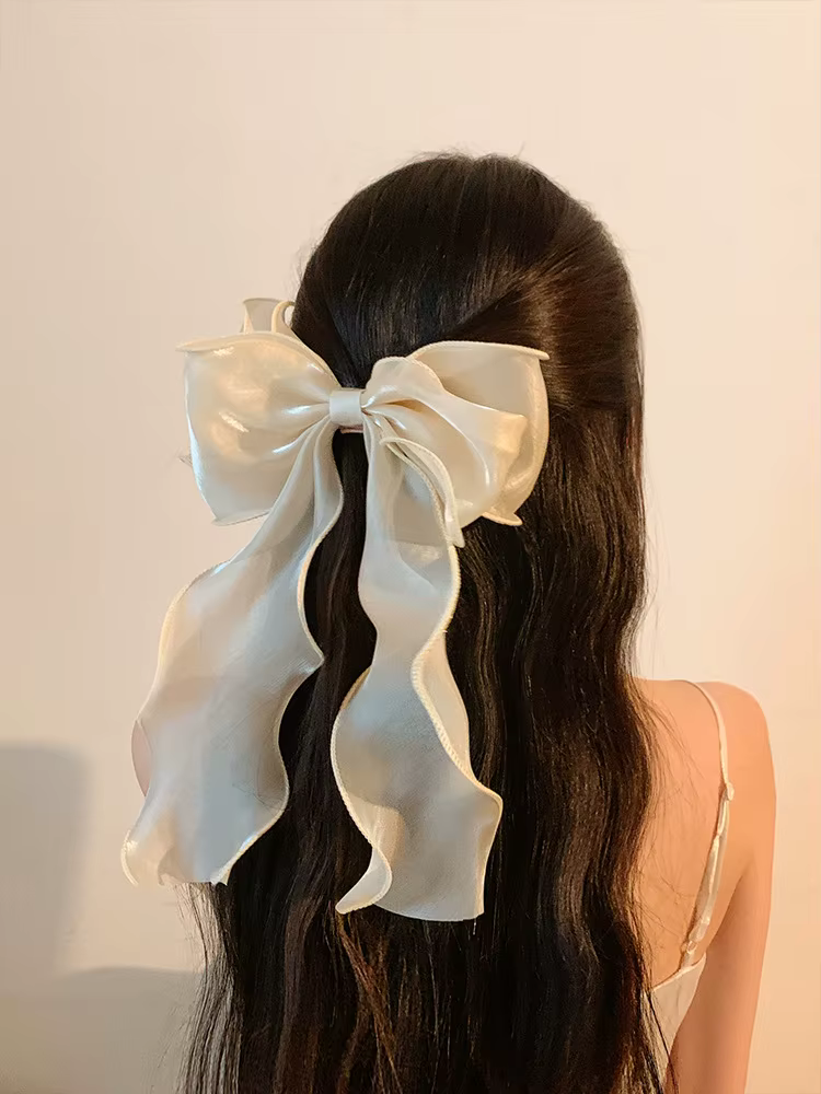 Pinces à cheveux en ruban flottant avec nœud en Organza noir pour femmes, coiffure française, grande