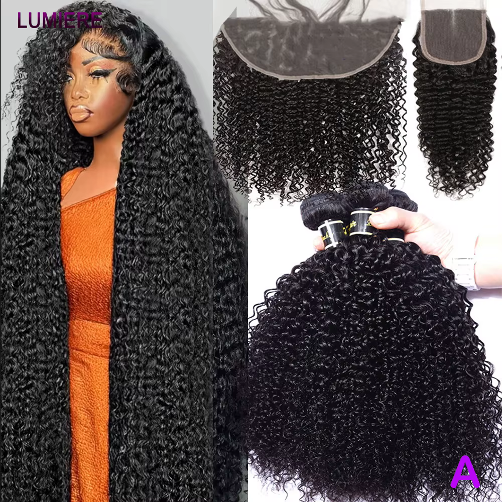 Afro profond crépus bouclés cheveux humains 3/4 Bundle avec fermeture frontale en dentelle transpare