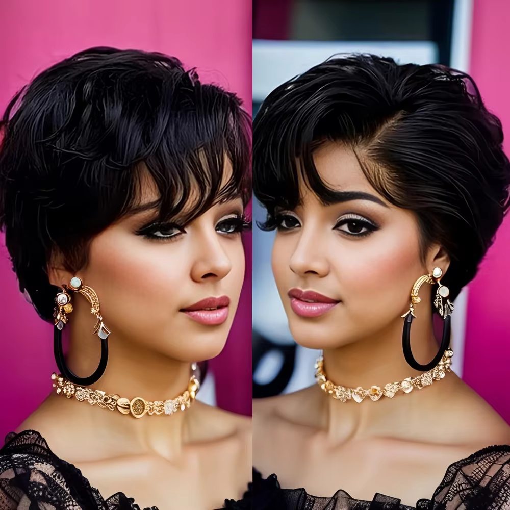 Perruque Lace Front Wig naturelle transparente, cheveux humains, coupe Pixie, ondulée naturelle, cou