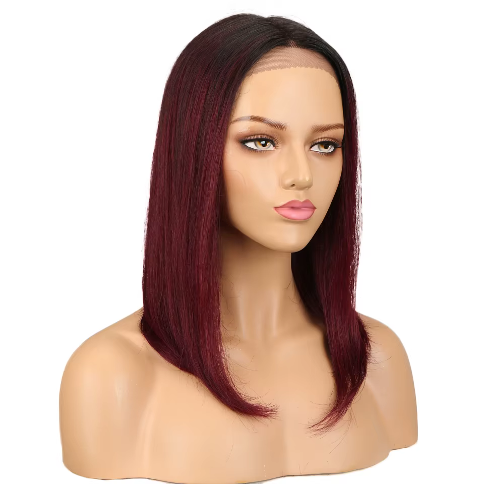 Perruque Bob Lace wig brésilienne naturelle lisse, cheveux longs, brun, rouge, partie T, perruque La