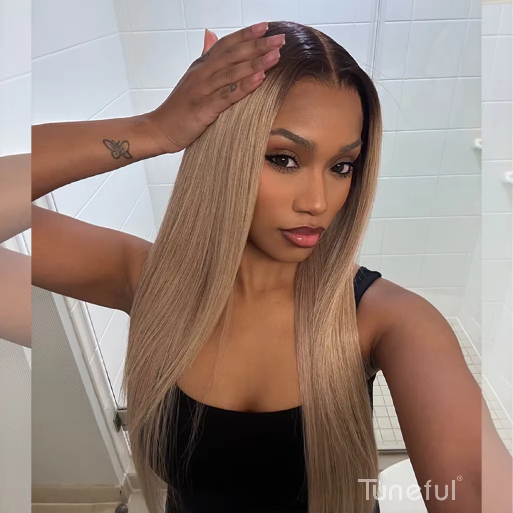 Perruques Tuneful Professionnelles en Cheveux Humains Blond Cendré Ombré et Blond Foncé Mélangé, Lac
