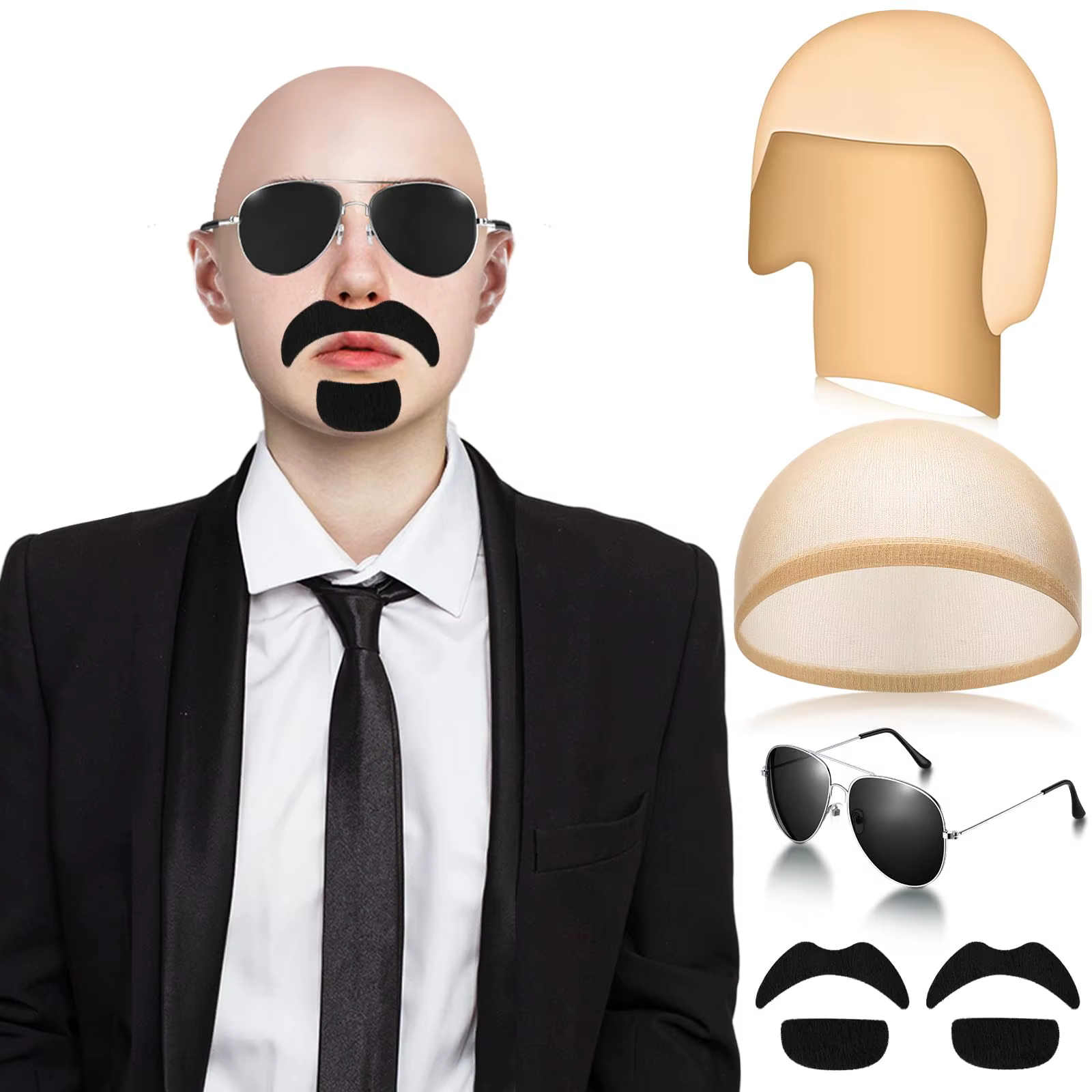 Casquettes de chauve avec lunettes et moustache, perruques de tête chauve, accessoires de déguisemen