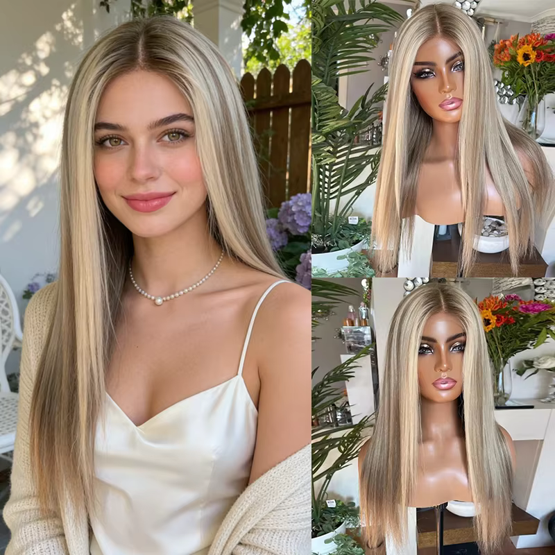 Perruque Lace Front Longue et Droite de 26 pouces, Cheveux Synthétiques Mélangés à 5% de Cheveux Hum