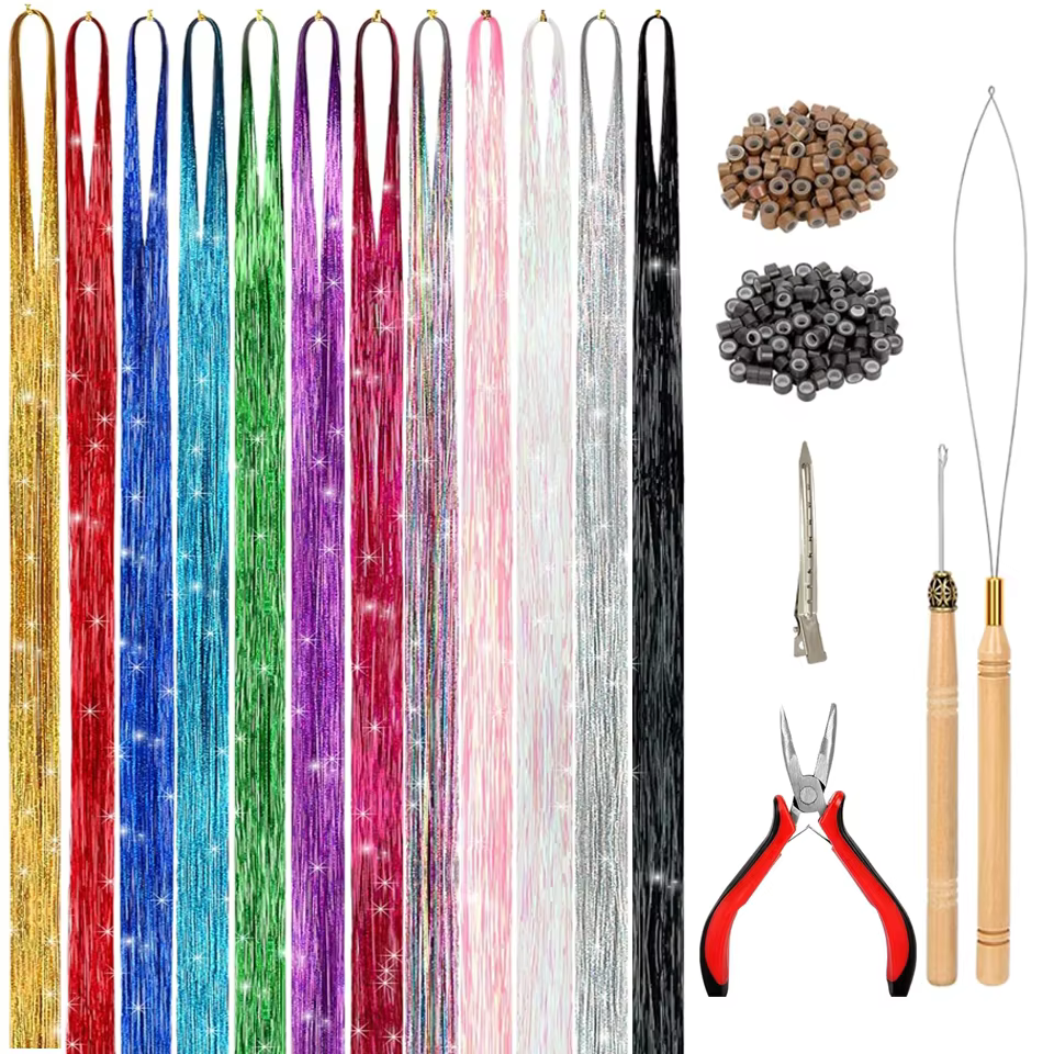 Kit de guirlandes de cheveux, Extensions de cheveux féeriques avec outil, 12 couleurs, résistantes à