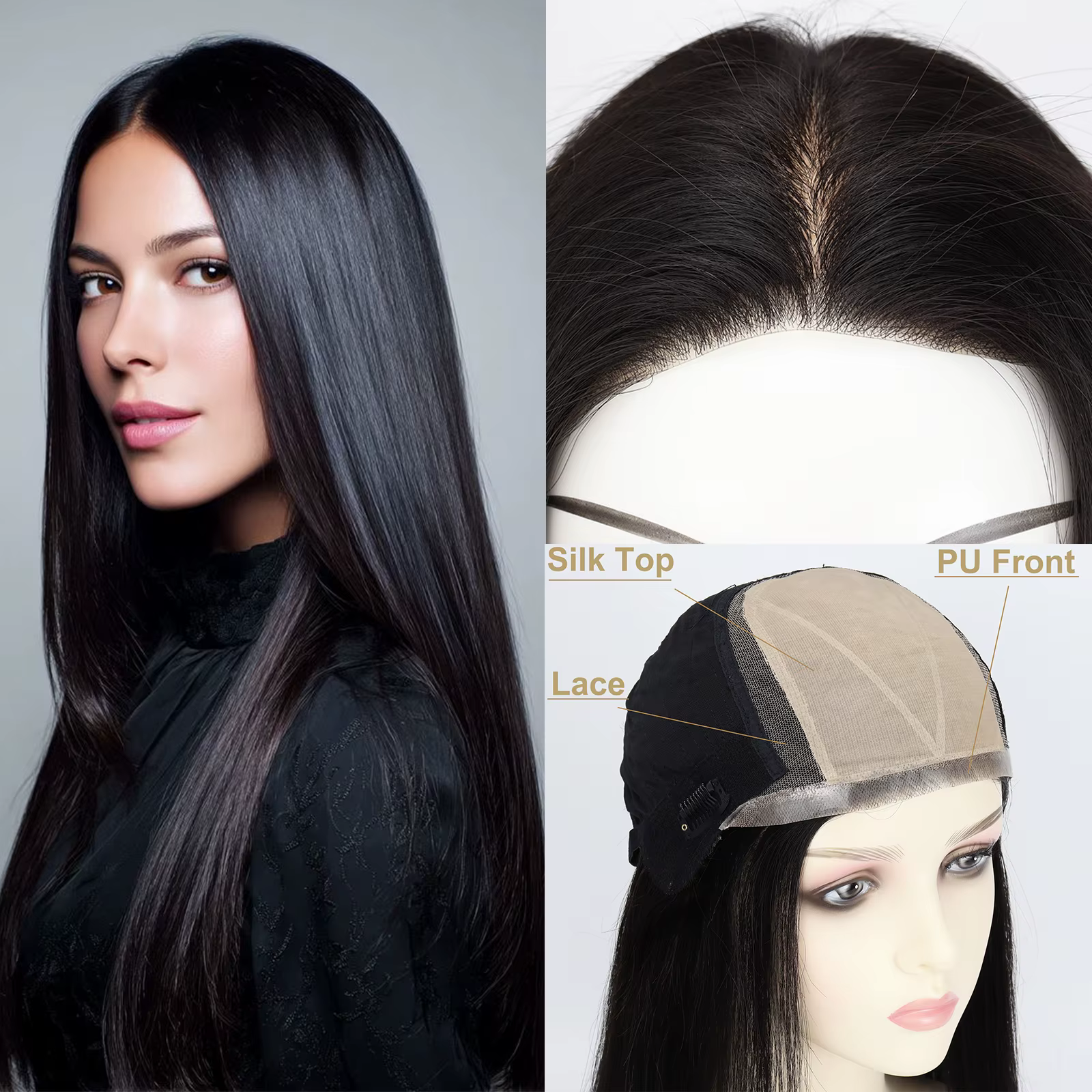 Perruque en cheveux humains vierges européens, base en soie 10x12cm, avec devant en PU de 2cm, ligne