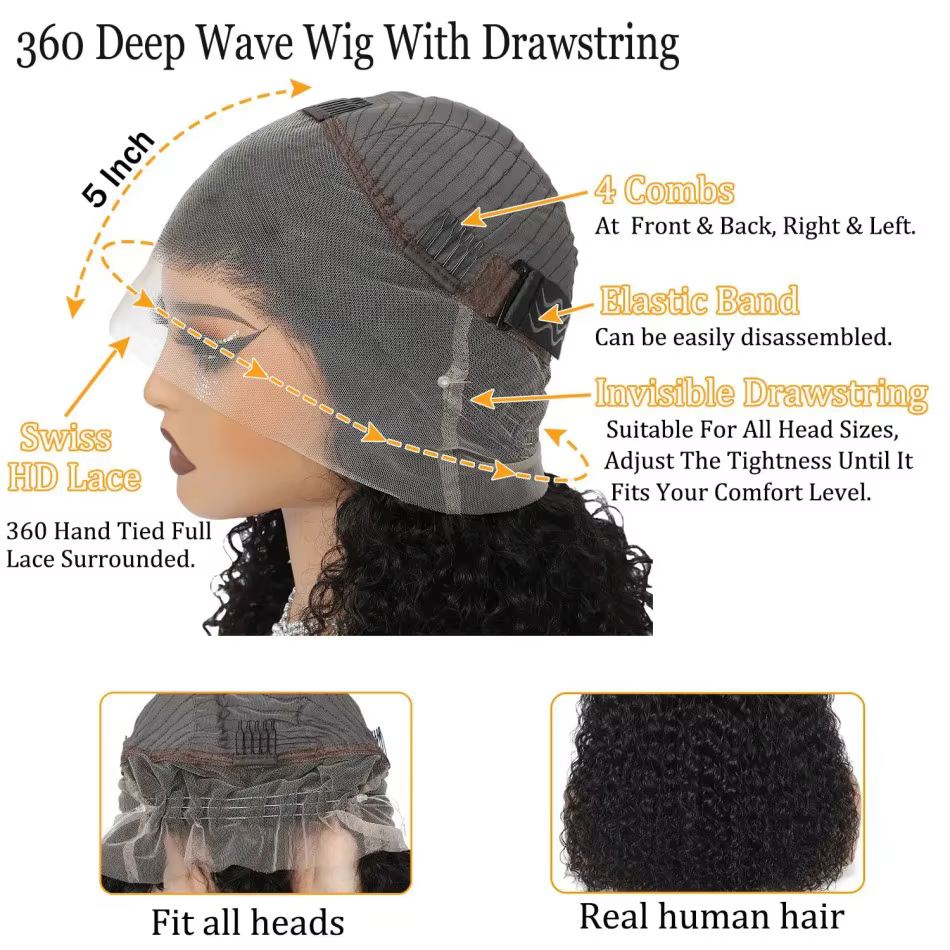 Perruque Lace Front Wig 360 naturelle bouclée, cheveux humains, pre-plucked, Hd, Deep Wave, avec cor