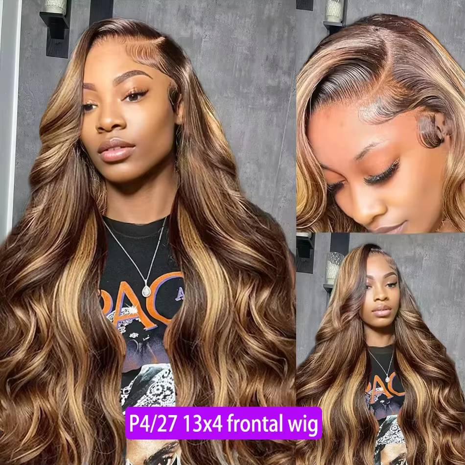 Perruque Lace Frontal Wig naturelle Body Wave ombrée, cheveux humains, 13x4, 13x6, blond miel P4/27,