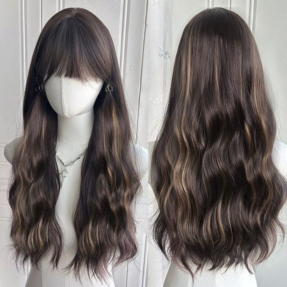 OLACARE naturel Blonde jaune longs ondulés perruques de cheveux synthétiques avec frange femmes vagu