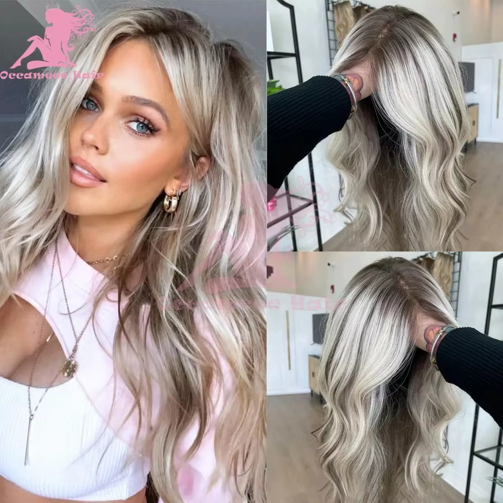 100 vrais cheveux humains blond cendré perruque racines foncées vague de corps mettre en évidence pe