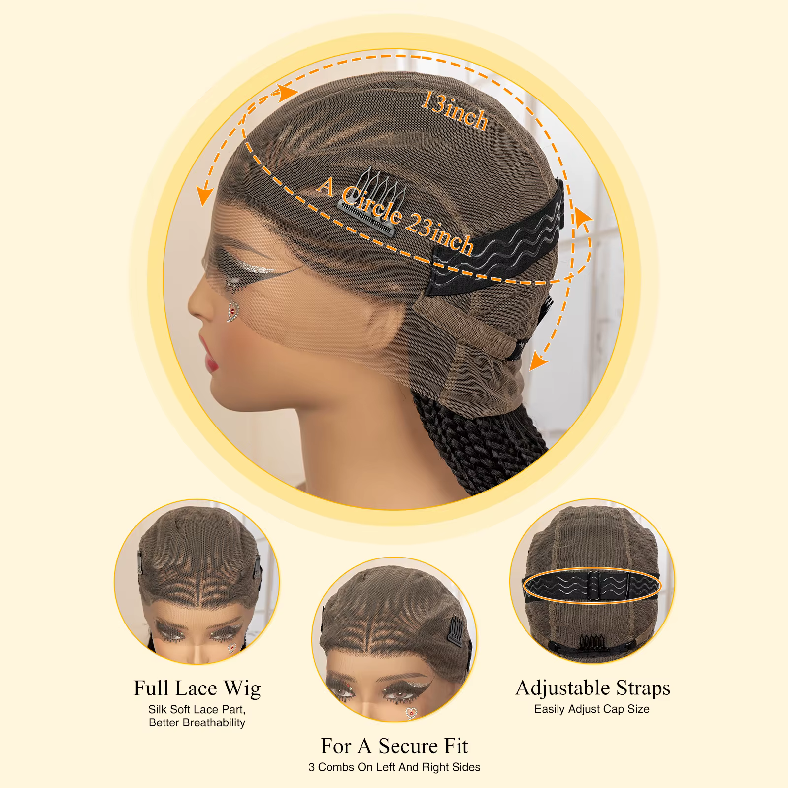 Perruques de cheveux tressés africains synthétiques pleine dentelle Cornrow sans noeuds boîte tressa