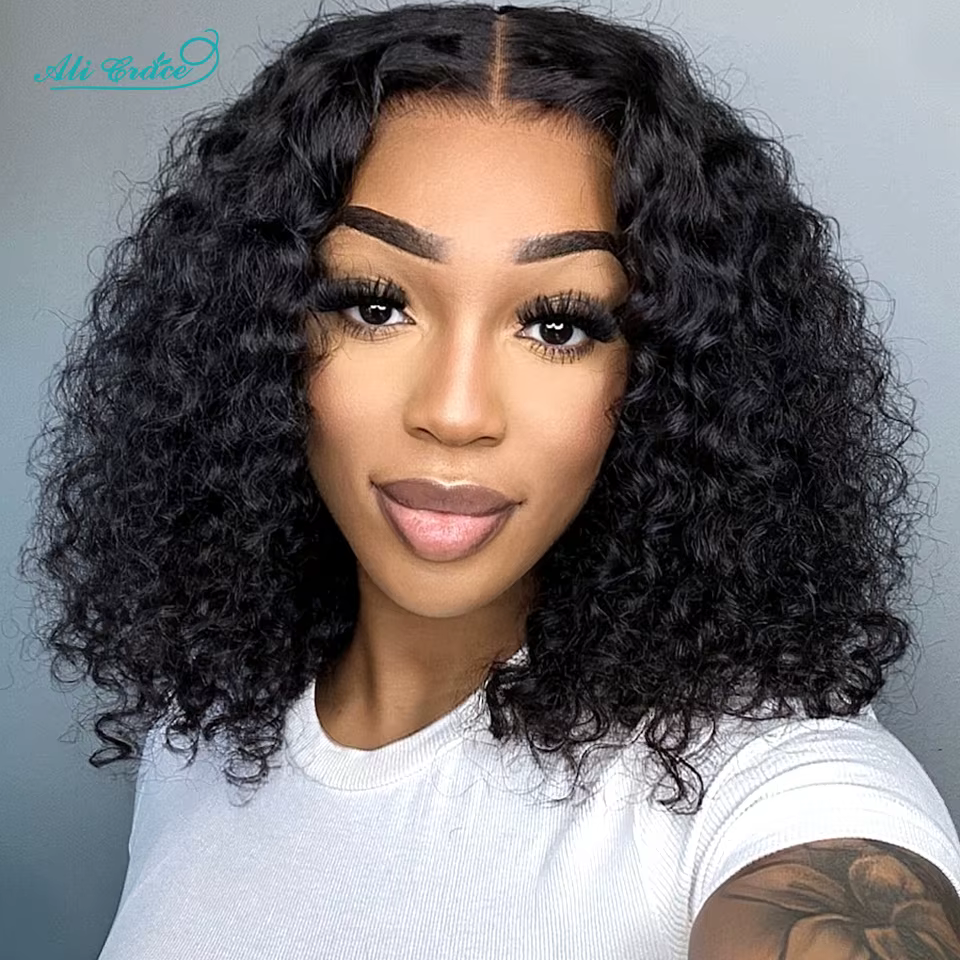Ali Grace cheveux Bob perruque crépus bouclés cheveux Transparent 13x4 dentelle avant perruque pré-p