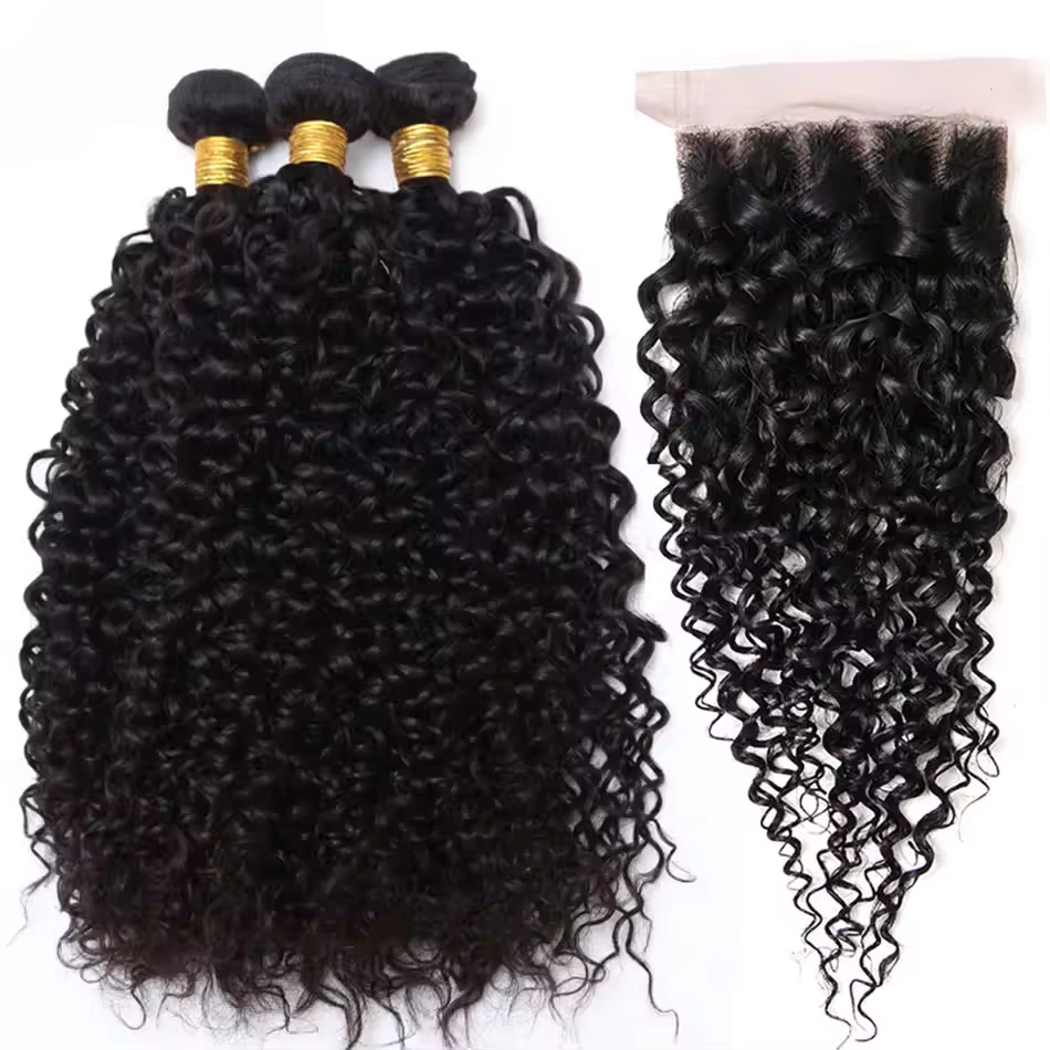Lot de 3 mèches de cheveux humains bouclés crépus avec closure en dentelle 4x4, extensions de cheveu