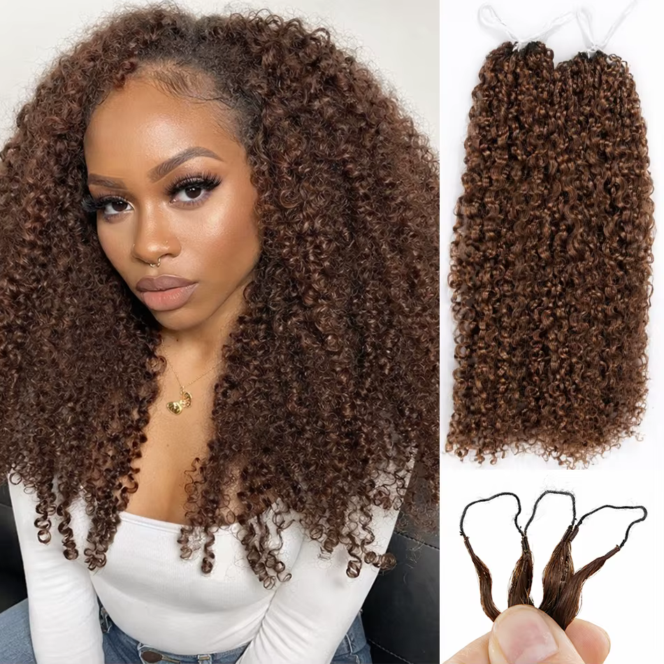 Cheveux humains bouclés crépus bruns pour crochet, invisibles, sans nœuds, pré-séparés, petites spir