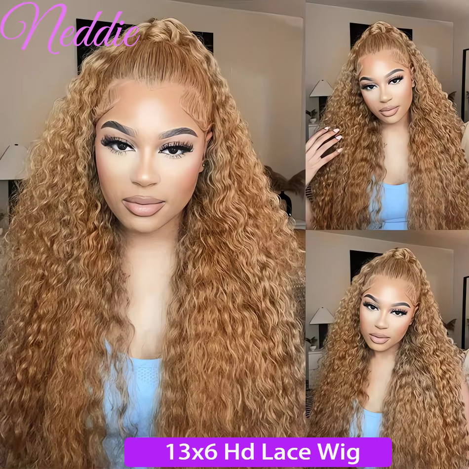 27 # Perruque Lace Frontal Wig naturelle bouclée, cheveux blond miel, 13x4, Deep Wave, 30 34 pouce