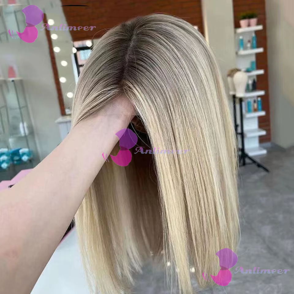Perruques courtes bob en cheveux humains Balayage Brun Blond sans colle 13x4 Lace Front avec ligne d