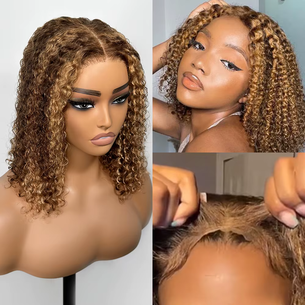 Perruque Bob Lace Front Wig naturelle sans colle, cheveux humains, blond miel, pre-plucked, pré-coup