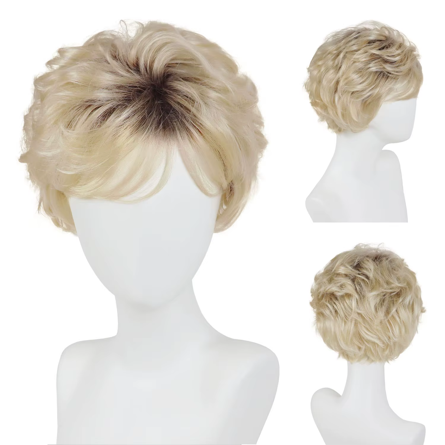 Perruque synthétique coupe lutin Blonde ombrée pour femmes âgées, perruque courte bouclée avec frang