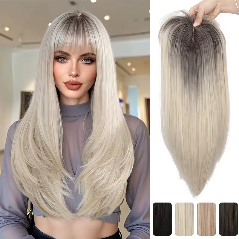Extensions de cheveux synthétiques à clips avec frange : postiche longue et droite haute température