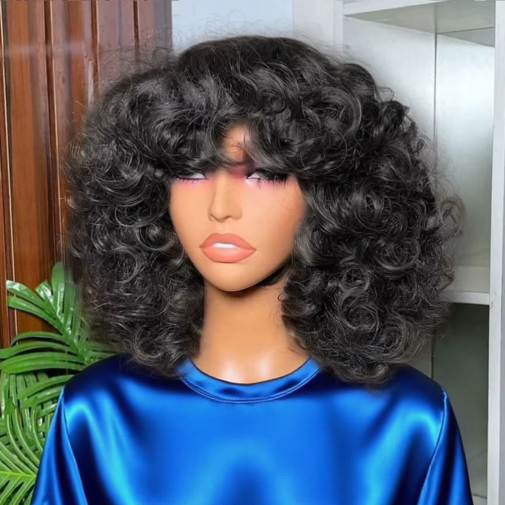 300% haute densité oeuf Curl coupe lutin perruque cheveux humains avec frange vague d'eau courte Bob