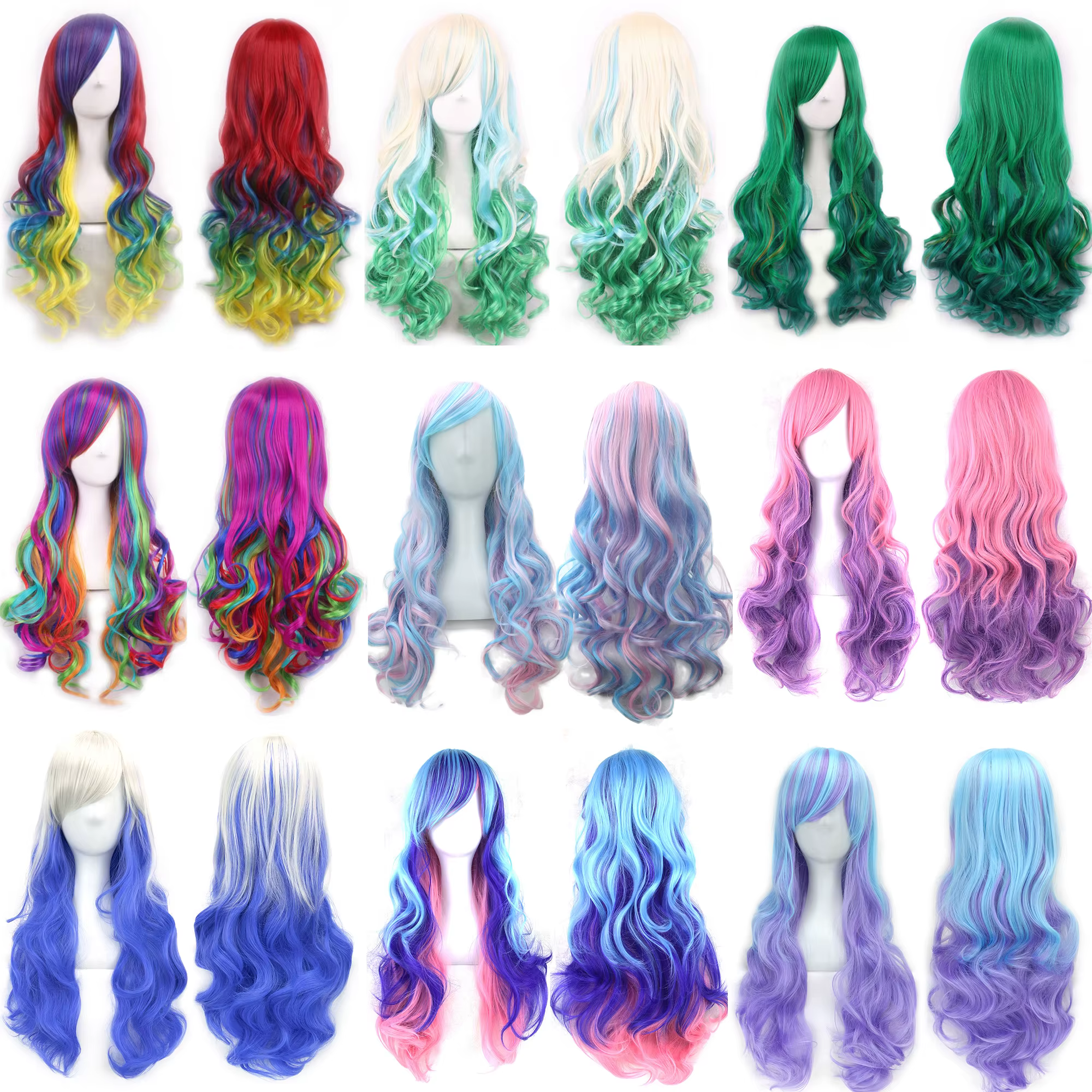 Soowee cheveux synthétiques Ombre arc-en-ciel Cosplay perruque avec frange rouge jaune violet vert b