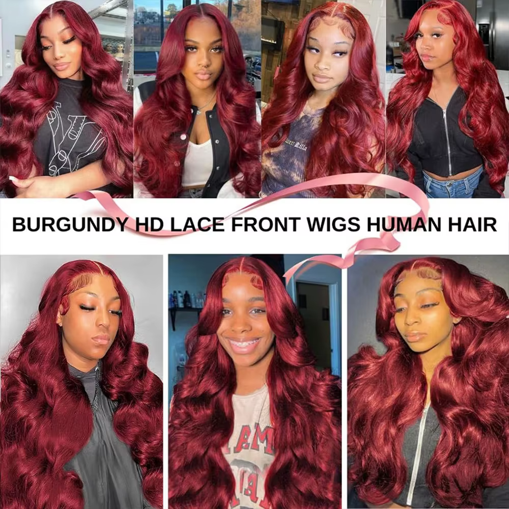 Perruque en cheveux humains ondulés bordeaux 99J, densité 200, avec dentelle frontale HD 13x6, 100% 