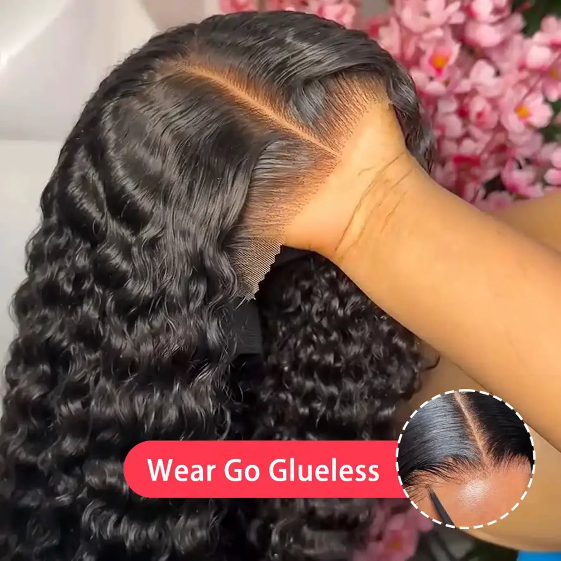 Perruque Lace Frontal Wig synthétique bouclée profonde de couleur noire, 13x4 HD, pre-plucked avec B