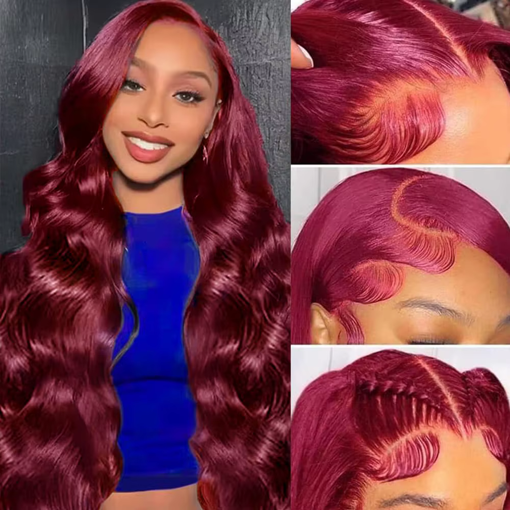 Perruque Lace Front Wig Body Wave naturelle Remy, cheveux humains, couleur bordeaux, 13x4, HD, 99J,
