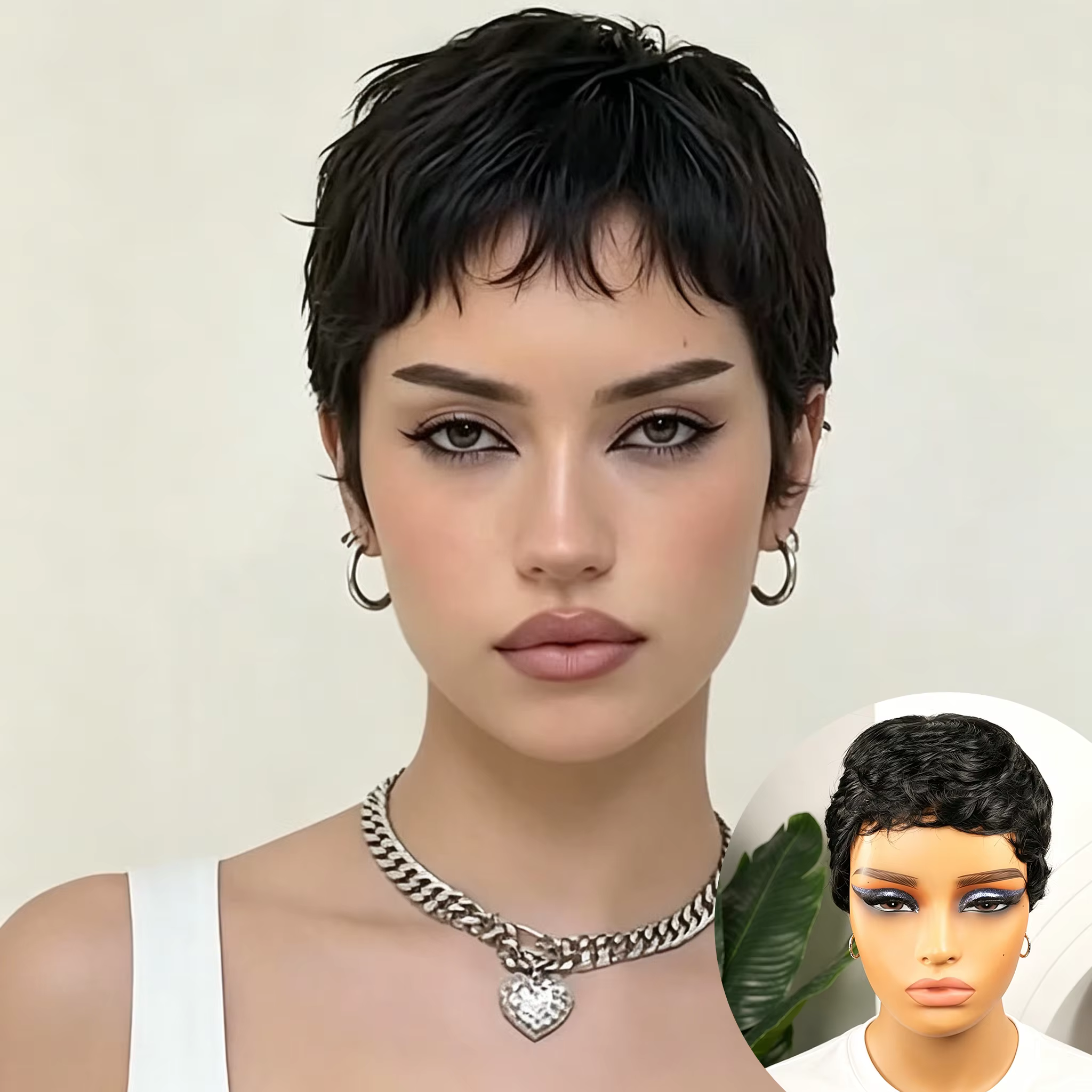 Perruque Pixie Noire Tendance Naturelle pour Femme, Coupe Droite Naturelle, Cheveux Humains 100% Nat