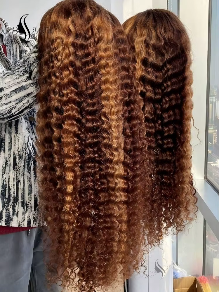Perruque Lace Frontale 30 Pouces Cheveux Humains Bouclés Ombrés avec Mèches, Ondulations Profondes C