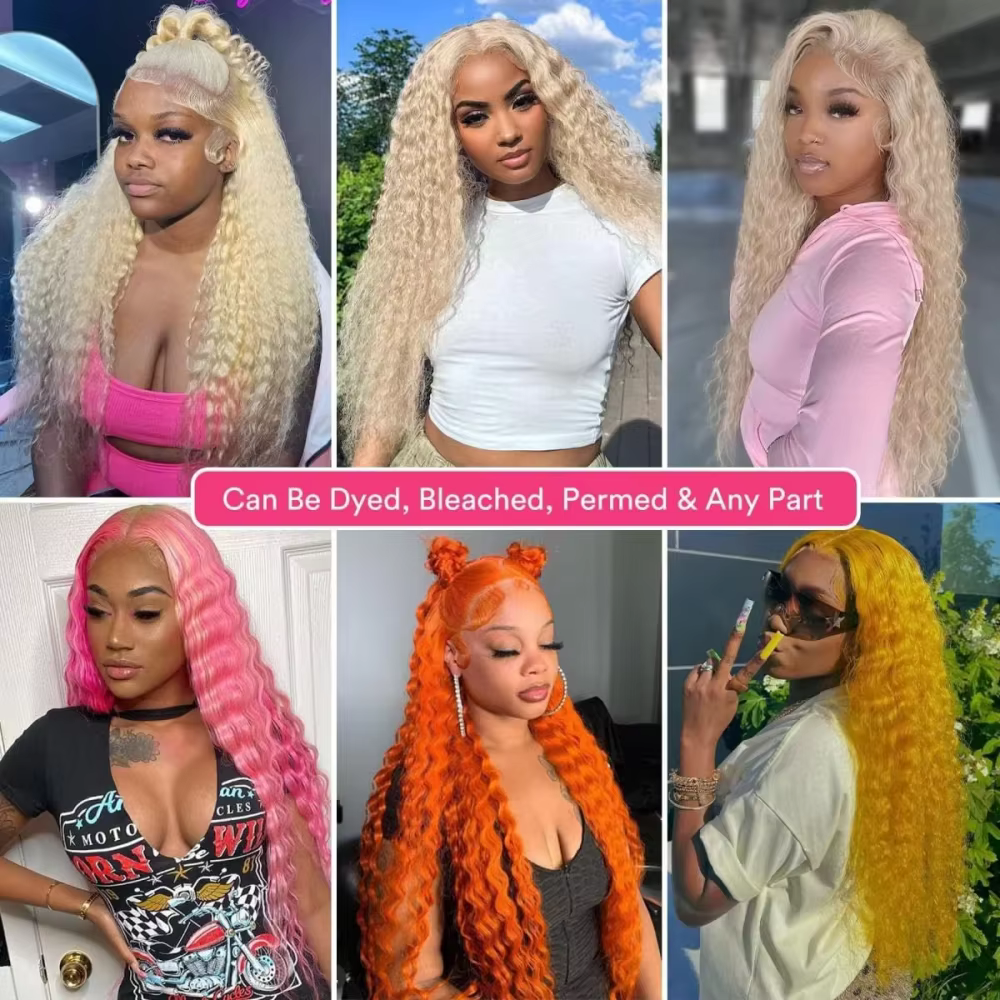 Perruque Lace Front Wig Deep Wave Brésilienne Naturelle, Cheveux Bouclés, Blond Miel 613, 13x6, 13x4