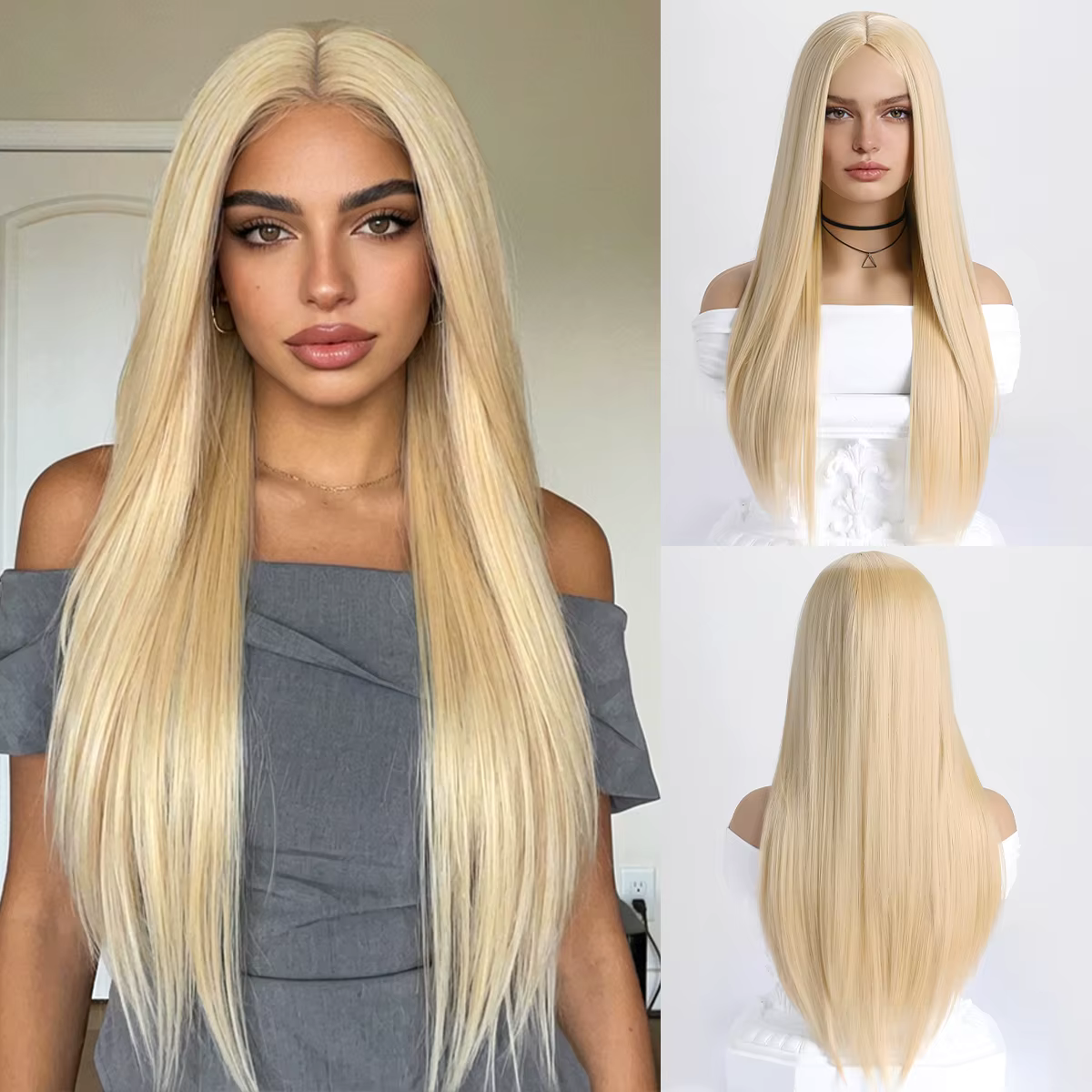 Perruque longue blonde pour femmes blanches, perruque synthétique à cheveux raides, perruques de rem