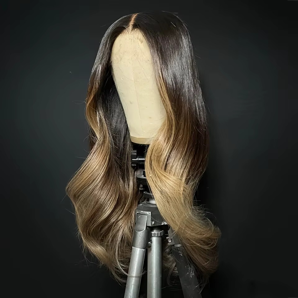 Perruque en cheveux humains juives sans colle, longue, blonde ombrée, 24 pouces, ondulée douce, base
