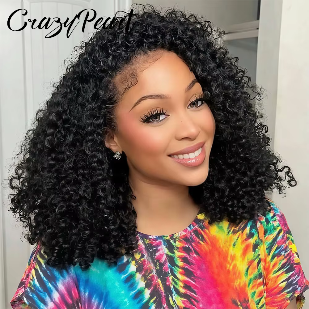CrazyPearl Demi-perruque 3 en 1 en cheveux humains, densité 200%, bouclée crépue, sans couture, à po