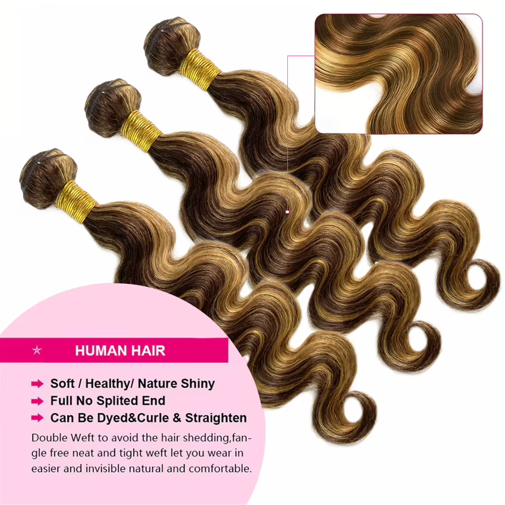 Mèches naturelles Body Wave à reflets, avec Lace Frontal 13x4, blond miel, Extensions de cheveux ave