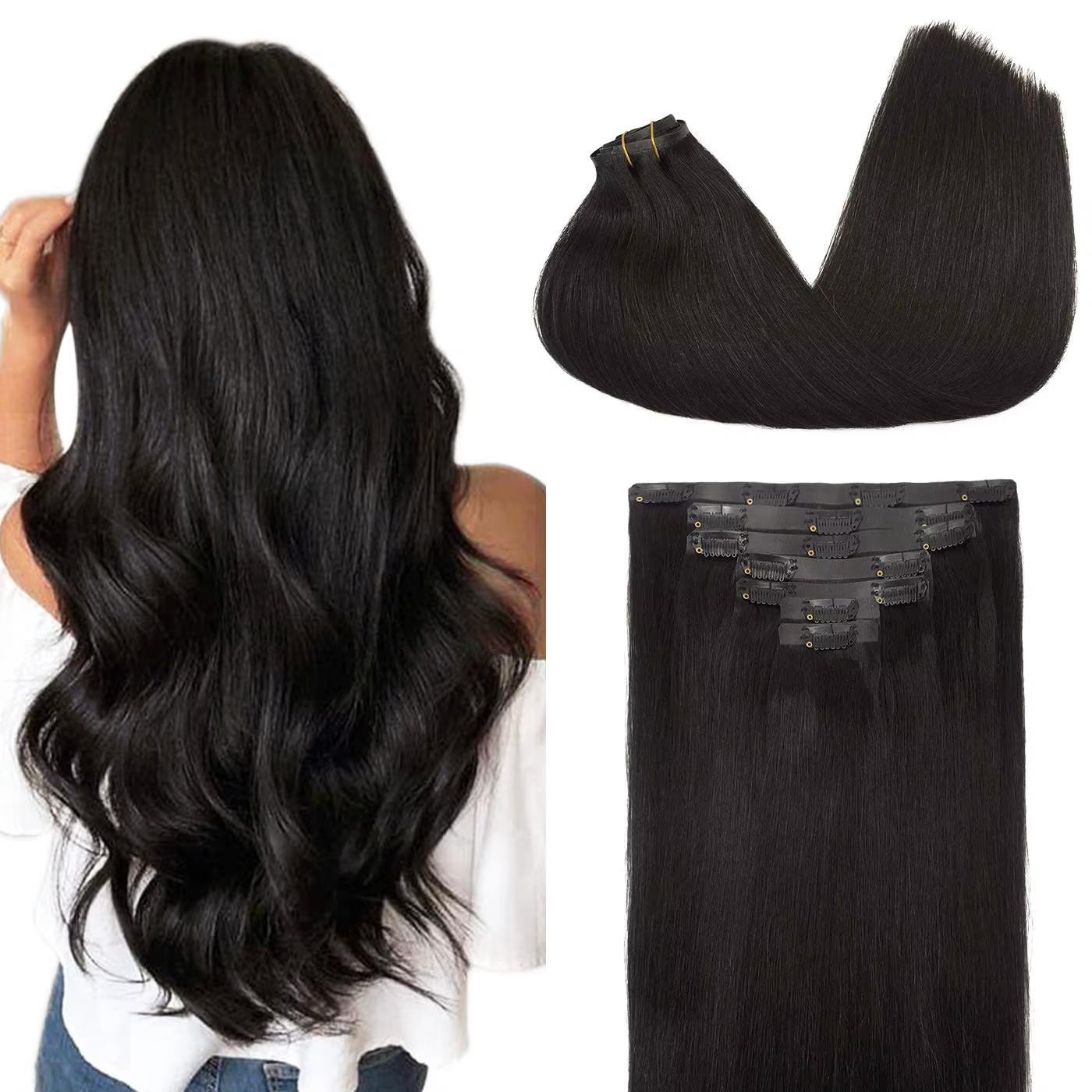 Extensions de cheveux humains à clipser en PU, optique naturelle, extensions de cheveux raides, tram