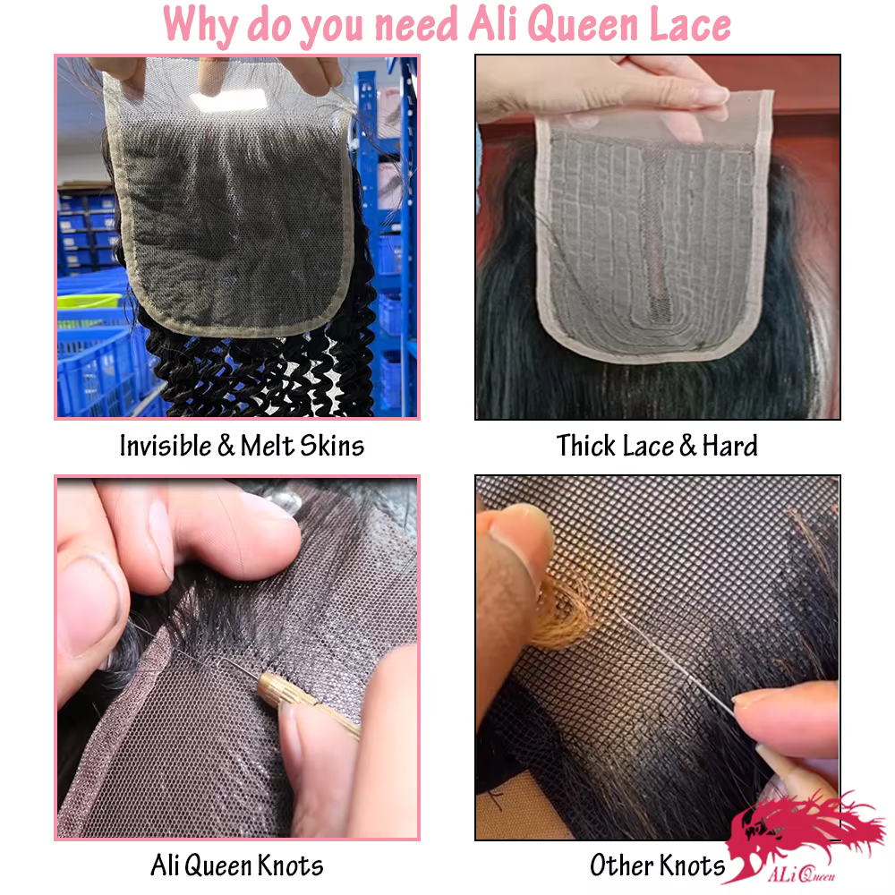 Ali Queen Hair Ondulation Naturelle 2x6 4x4 5x5 Fermeture en dentelle HD Cheveux Humains Frontal en