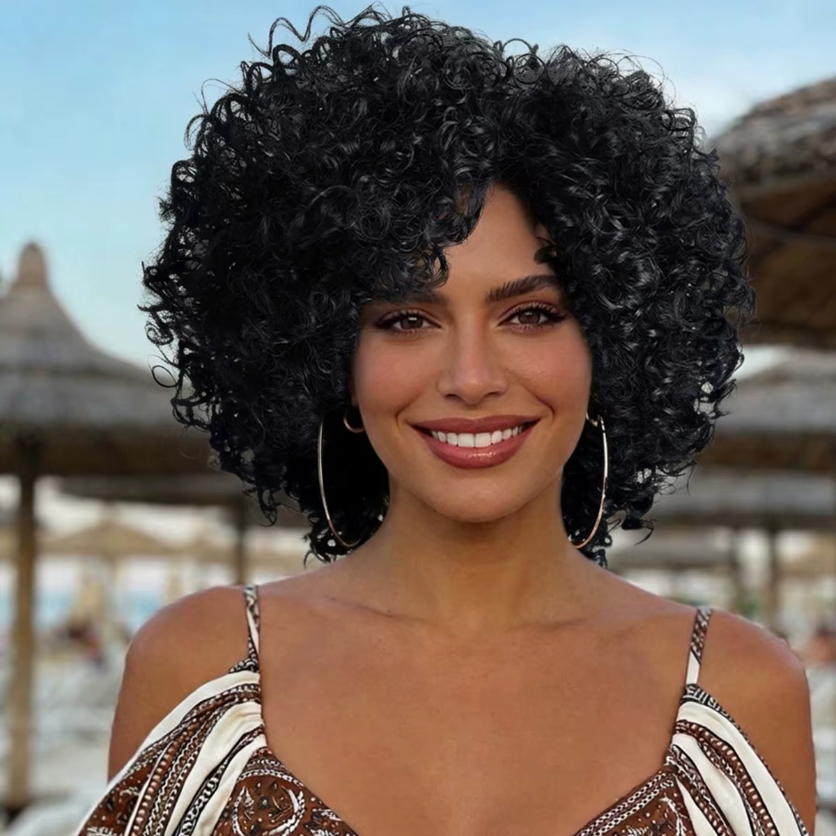 Perruque synthétique courte bouclée de 12 pouces pour femmes, perruque afro bouclée frisée avec fran