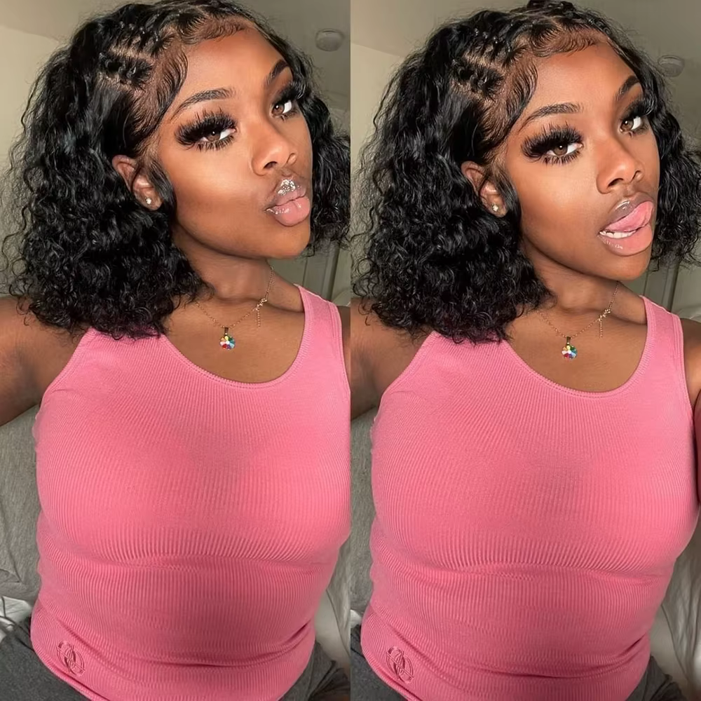 Perruque BOB Lace Front Wig naturelle bouclée, cheveux humains, 13x4 HD, pre-plucked, transparente,