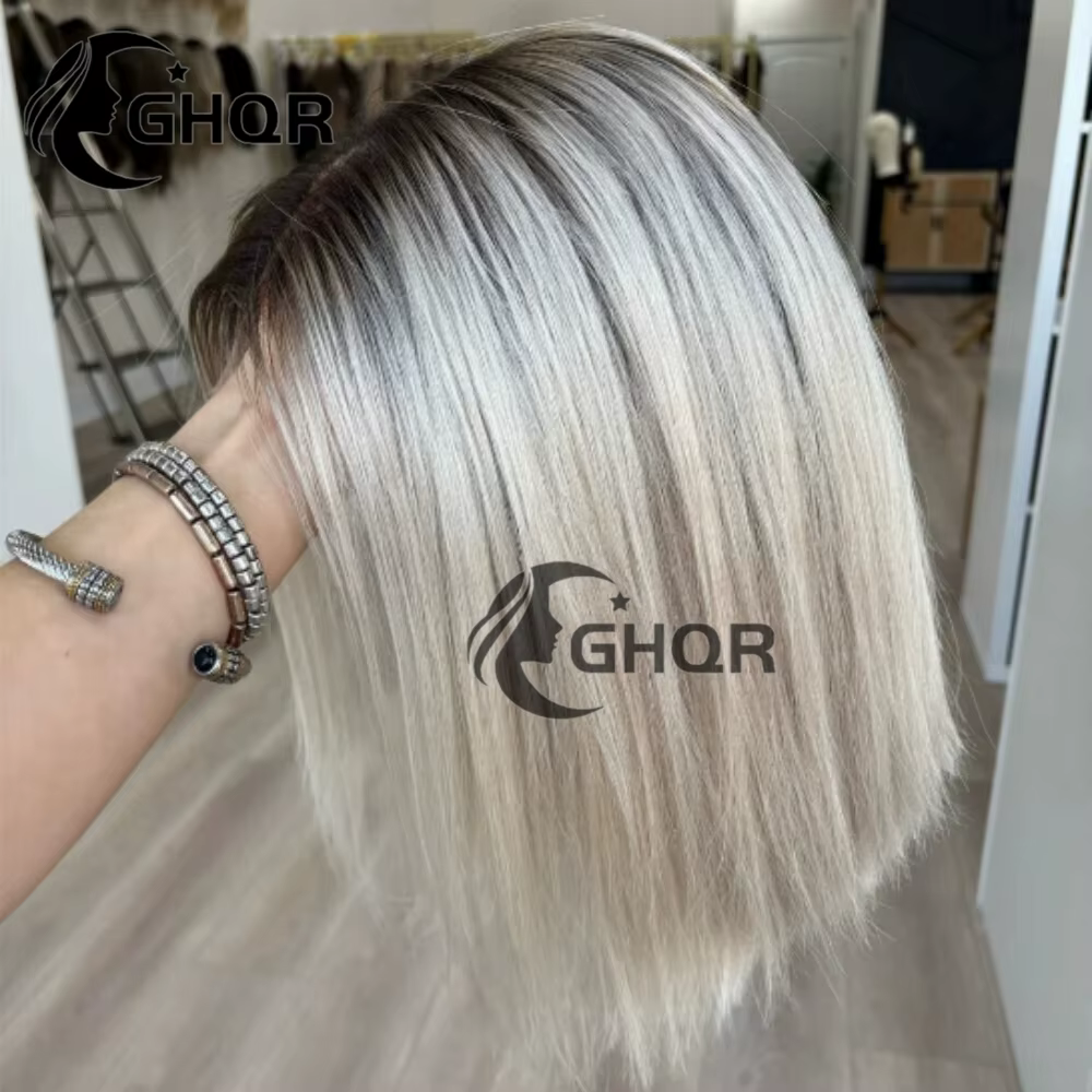 Perruques de cheveux humains Bob blond platine racines foncées dentelle transparente avant couleur d
