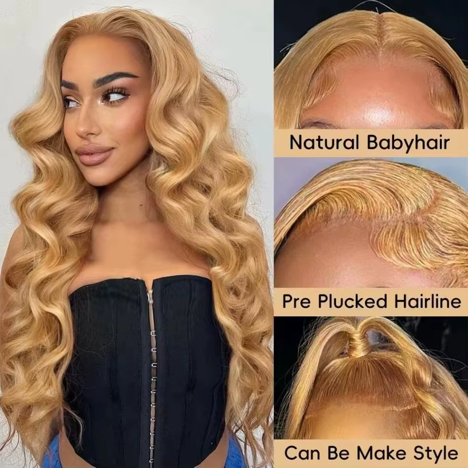 Perruque en cheveux humains blond miel ondulée, densité 250, avec dentelle frontale HD 13x6, cheveux