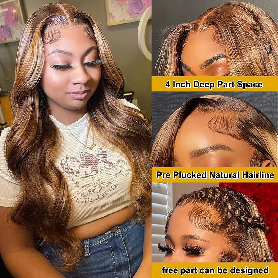 Perruque Lace Frontal Wig naturelle Body Wave ombrée, cheveux humains, 13x4, 13x6, blond miel P4/27,