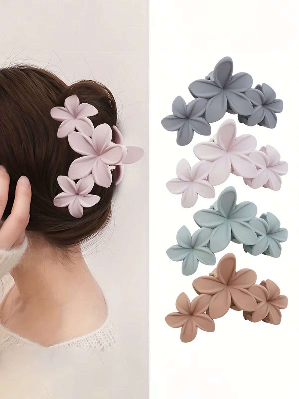4 pièces de pince à trois fleurs mat de couleur Morandi, pince à cheveux en forme de fleur de simula