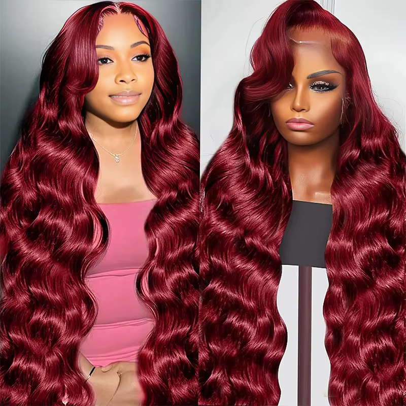 Perruque Lace Front Wig Body Wave Naturelle pour Femme, Cheveux Humains, Bordeaux 99J, 13x6 HD, Pre-