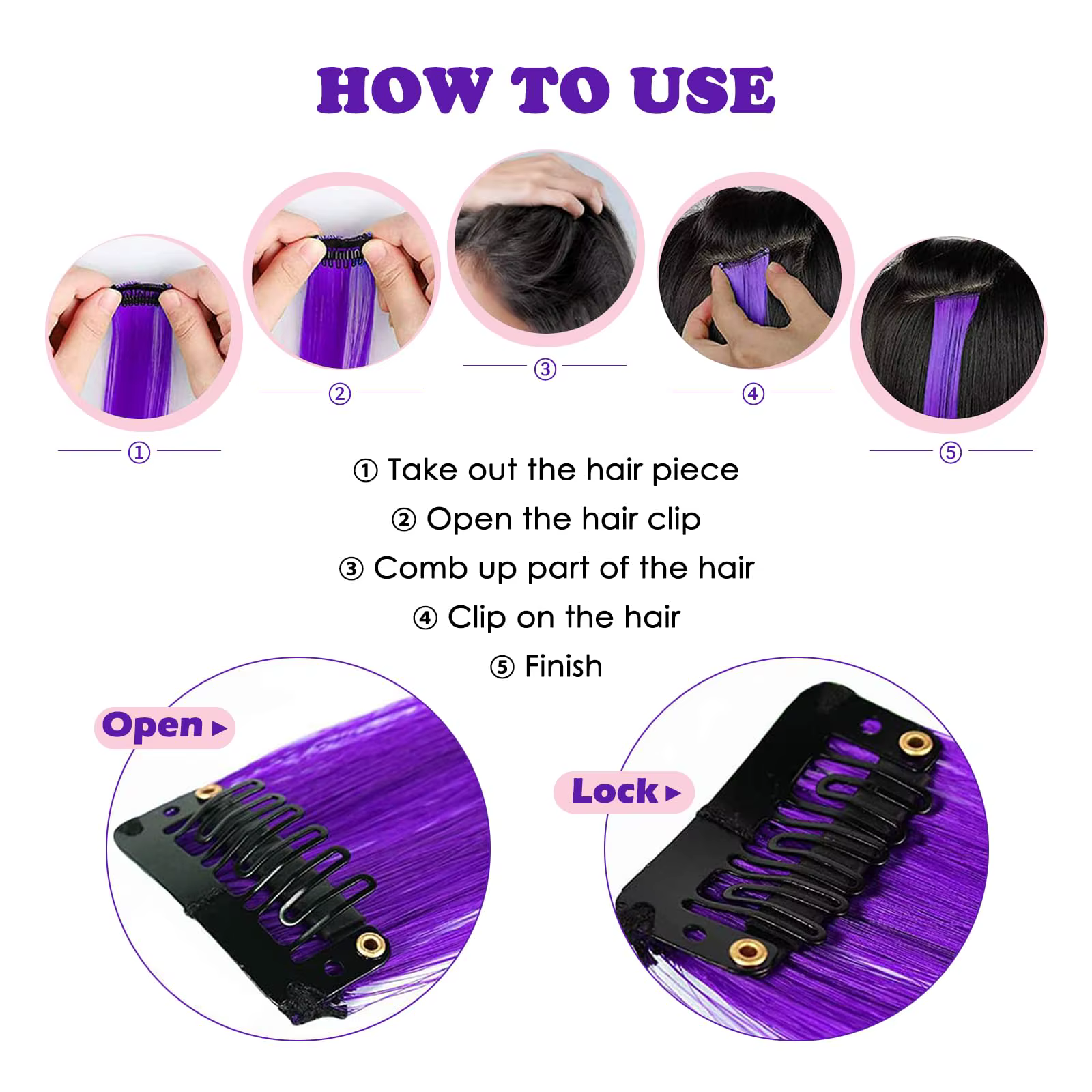 Extensions de cheveux violets 6 pièces Extensions de cheveux à clips colorés synthétiques 24 pouces