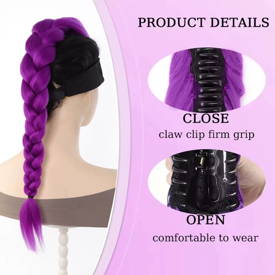 28 pouces cheveux synthétiques longs tressés violet cheveux Extensions de queue de cheval Rumi coiff