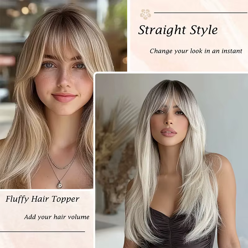 Topper pour cheveux pour femme avec frange : 3D 360 ° Morceau de cheveux synthétiques longs et lis